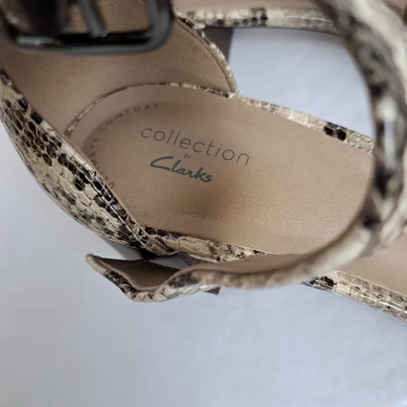 Clarks Snake Print Ankle Strap Block Heel Sandals — Beige/Brown - Picture 5 of 9